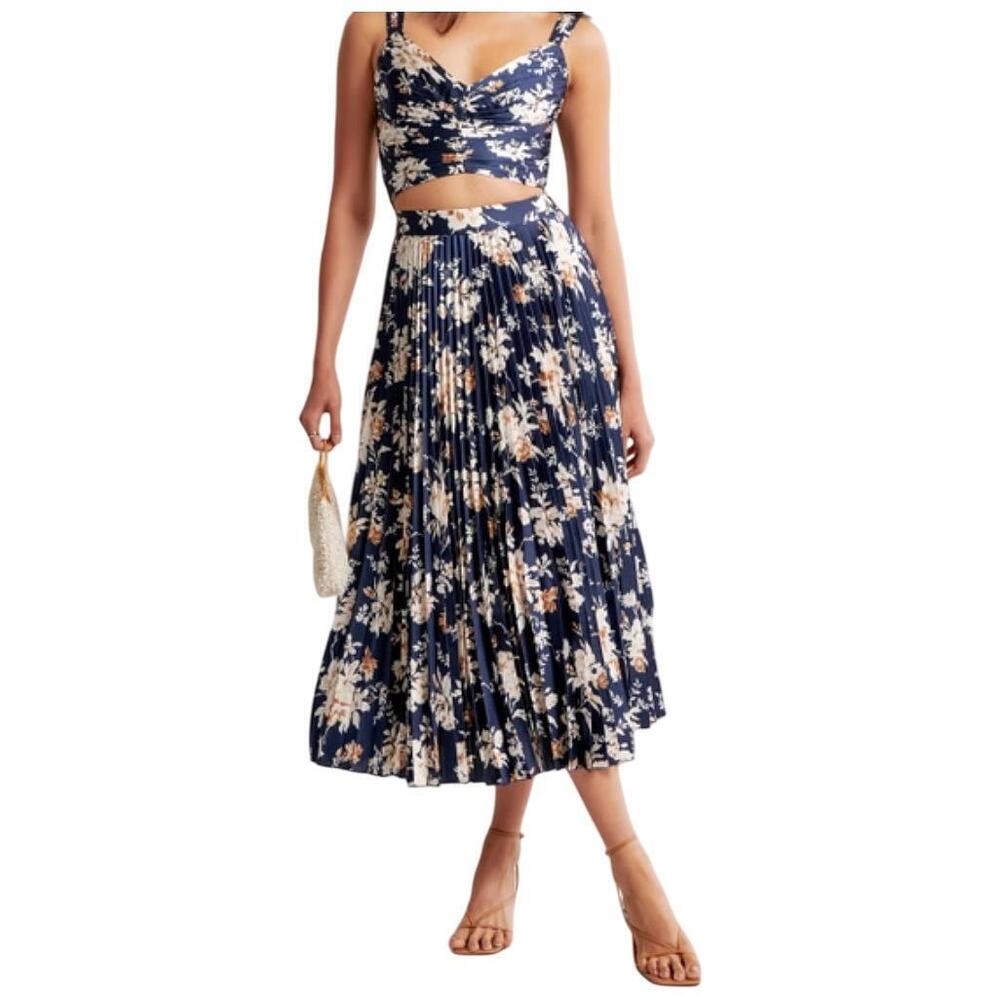 Abercrombie & Fitch Skirt XL Blue Floral Print Satin Pleated A-Line Midi